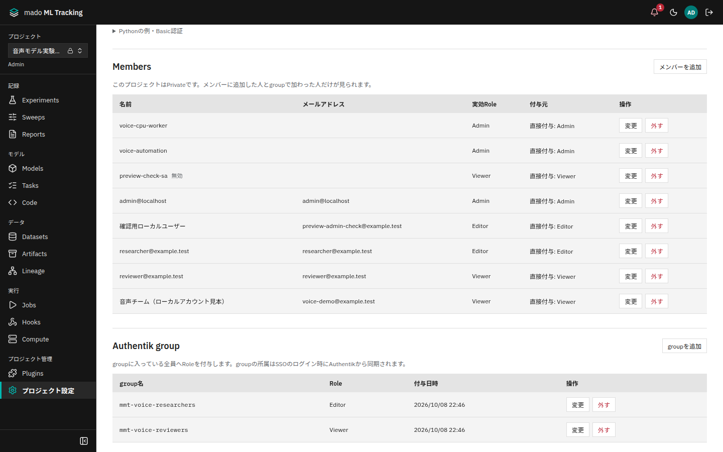 Projectの「Members」と「Authentik group」