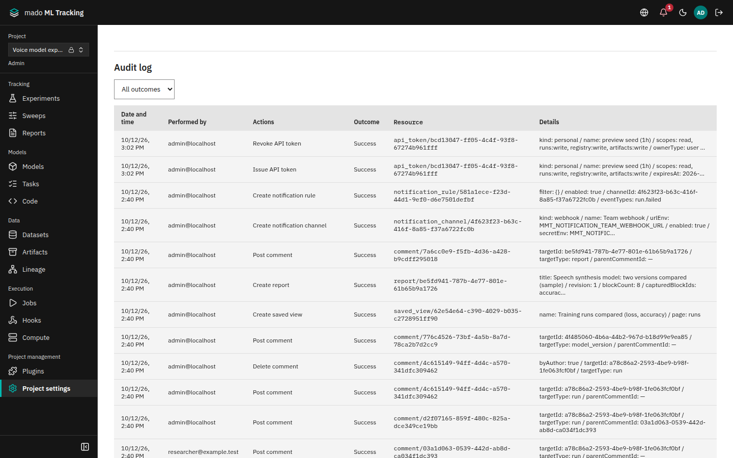 A Project's audit log