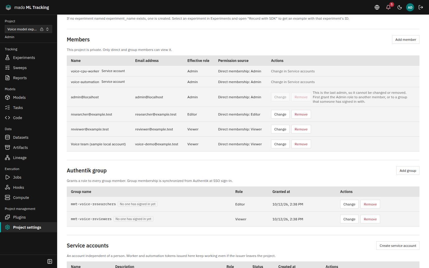 The Members and Authentik group sections of a Project