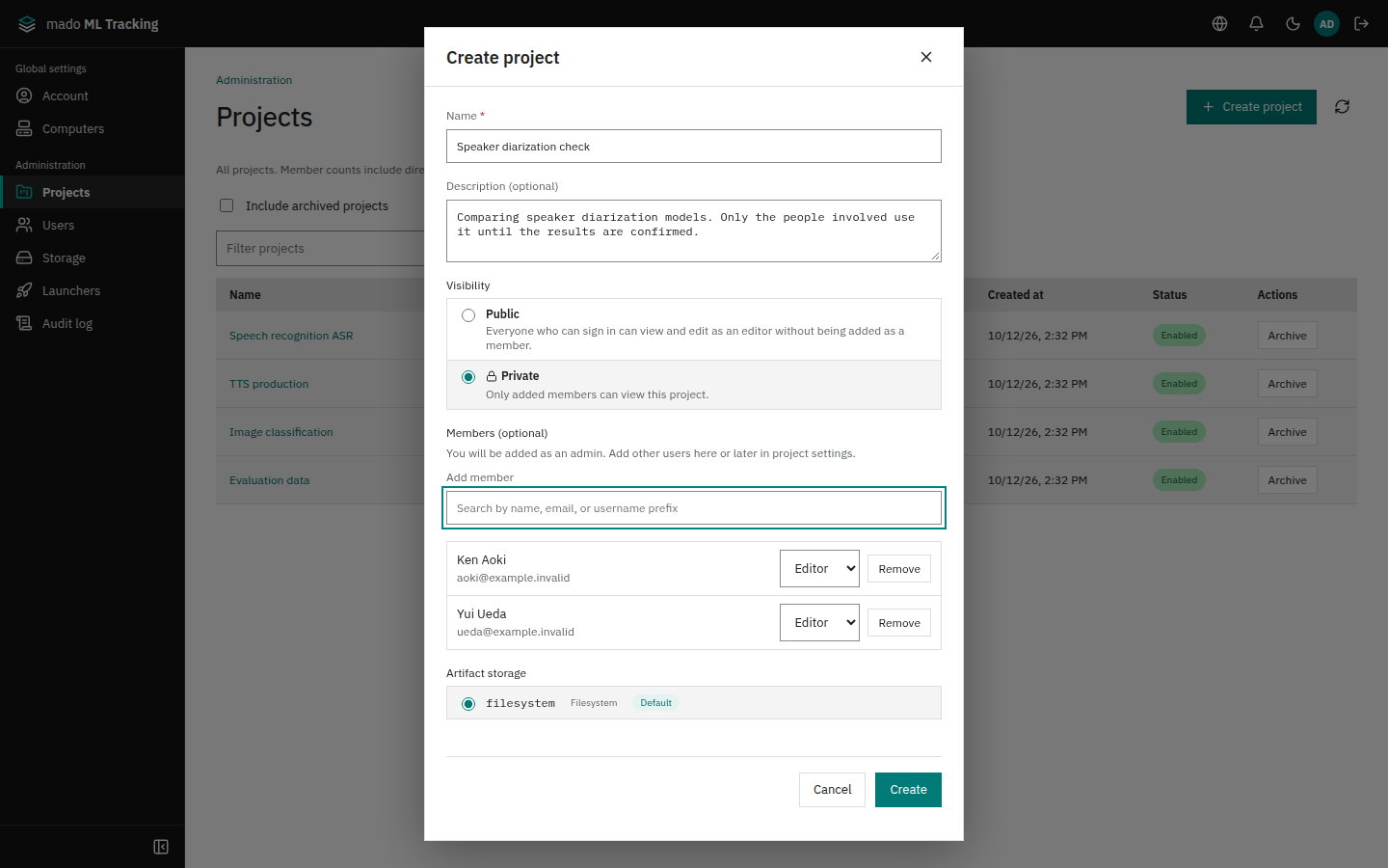 The create dialog with Private selected and two members added
