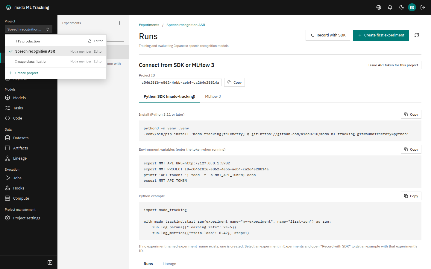 The Project switcher listing names, Private, and your role, with "Create project" at the bottom