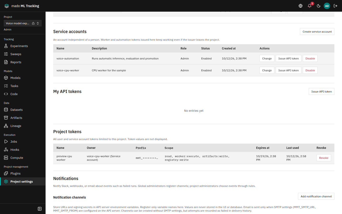 The Service Accounts and Project token list sections