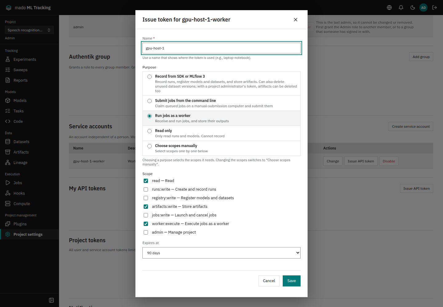 Issuing a token for a Service Account