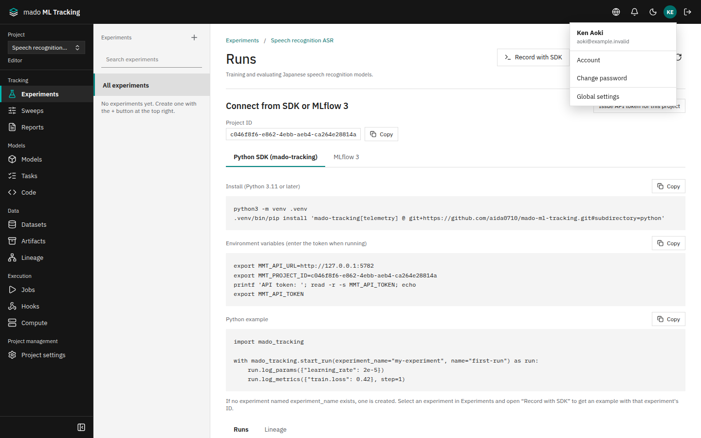A regular user's user menu: Account, Change password, and Global settings