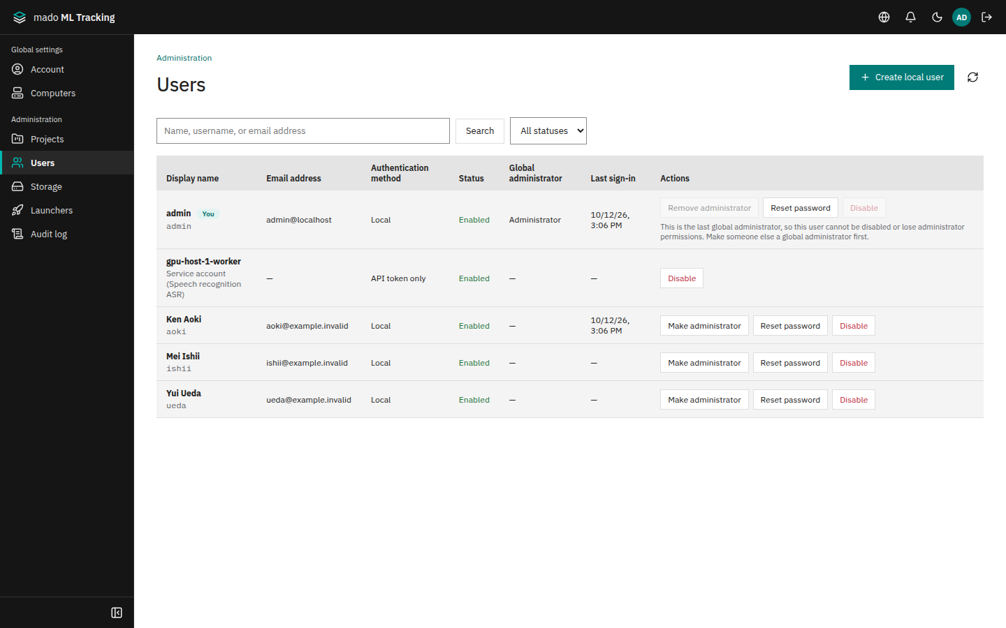 The Users page under Administration