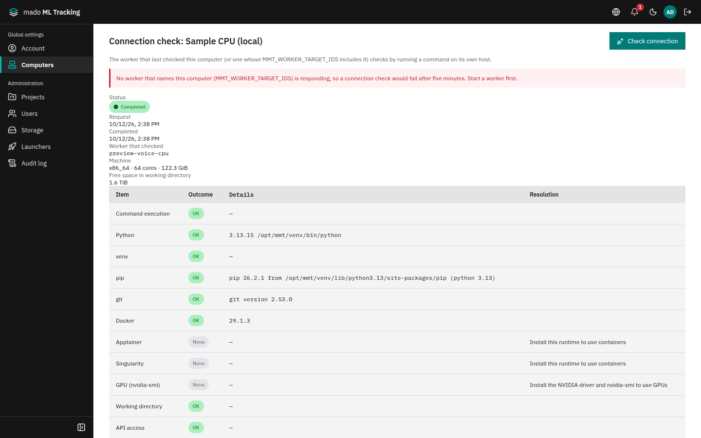 Connection check results (the sample Local computer)