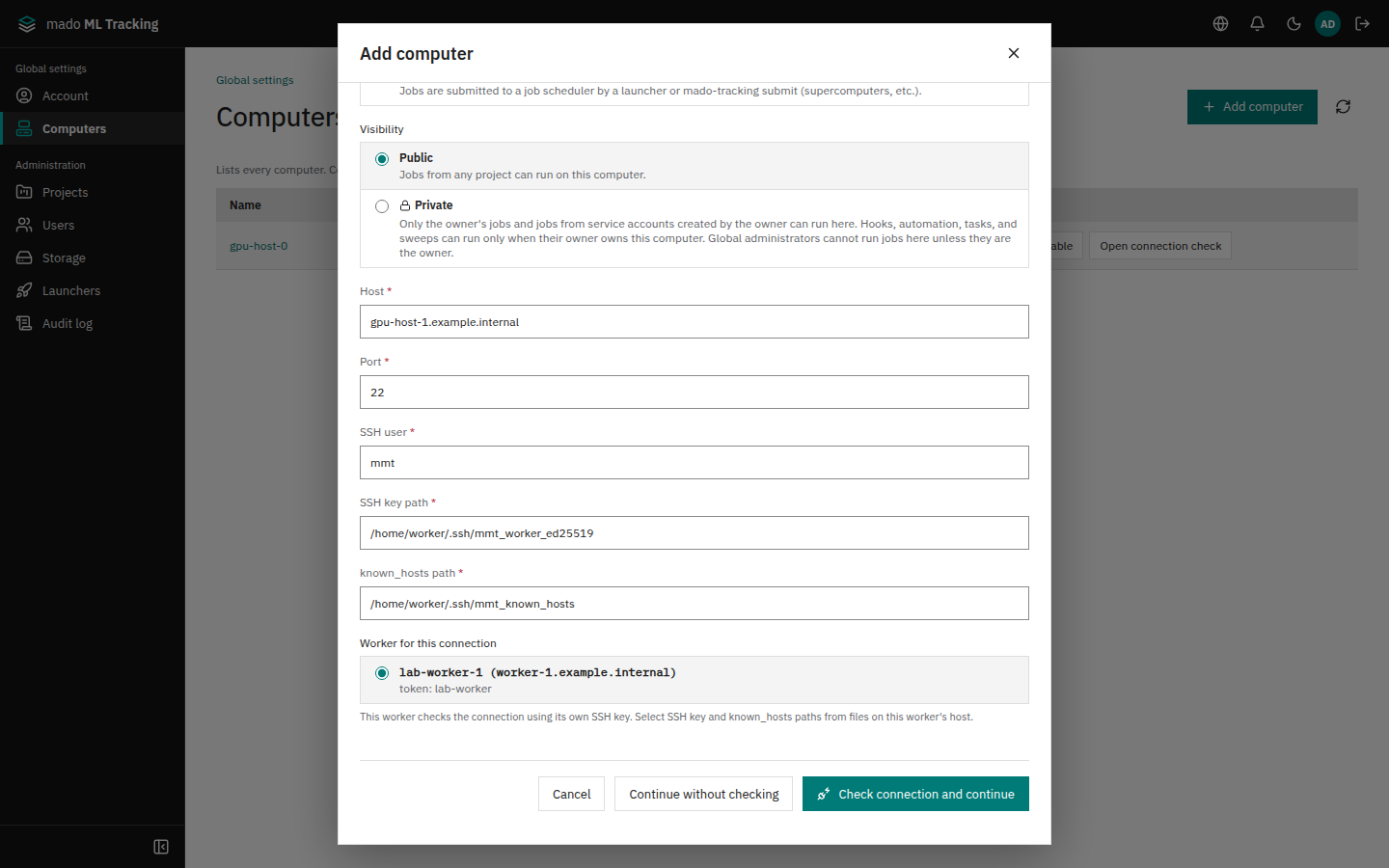 Step 1, Connection, of Add computer: the SSH destination and the worker used for the connection