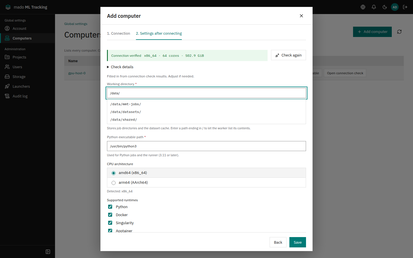 Step 2, Settings after connecting: values filled in from the check, and completion from the contents of /data/ read by the worker