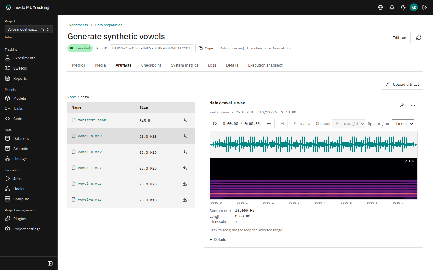 Artifacts tab of a Run with an audio file open
