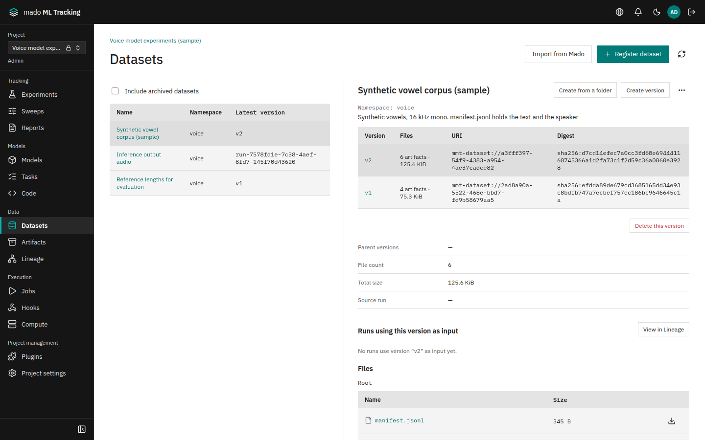 Dataset versions and file list