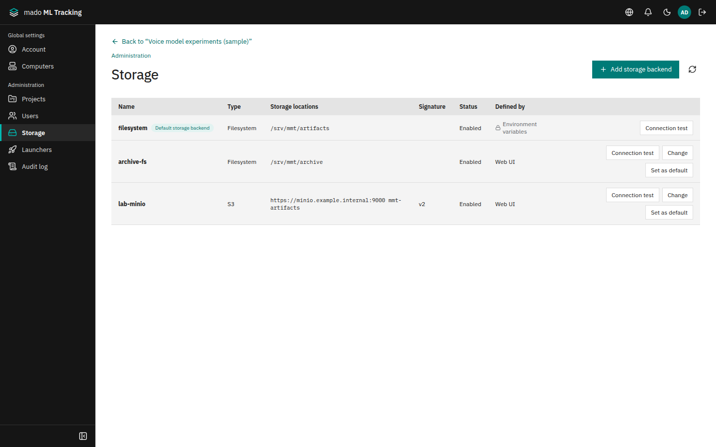 The Storage page under Administration