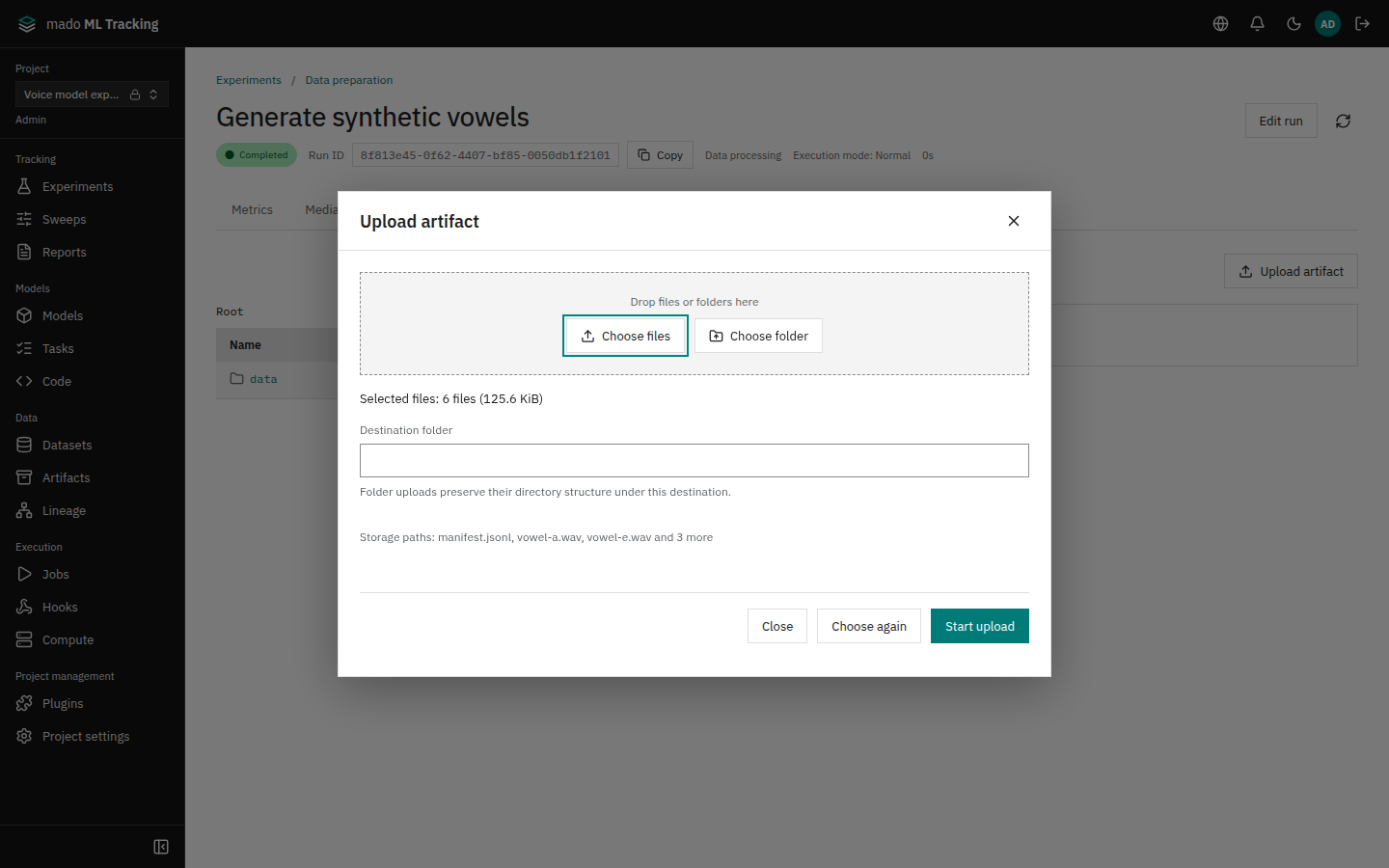 Upload Artifact dialog