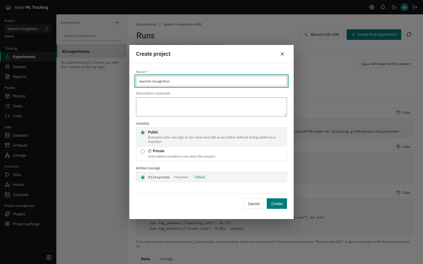 The create project dialog with name, description, visibility, and Artifact storage