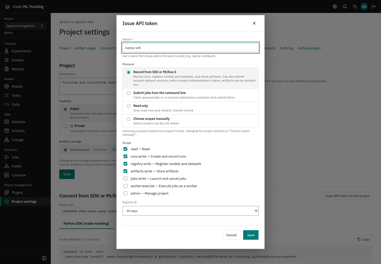 The API token dialog with name, purpose, scopes, and expiry