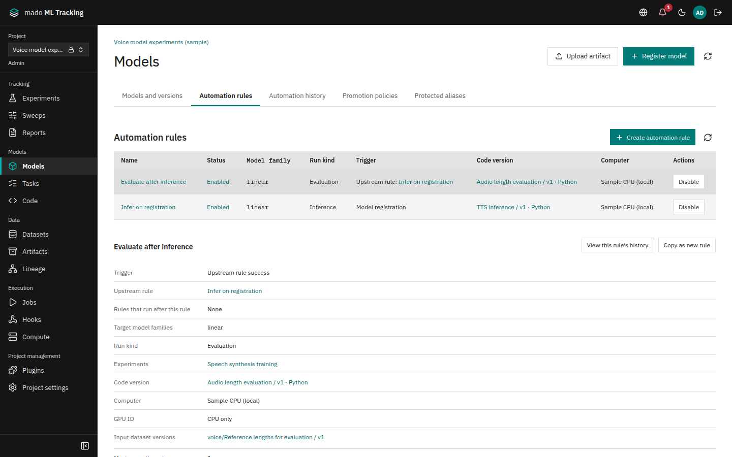 Automation rules and rule details
