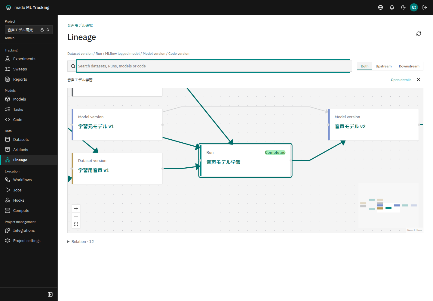 Lineage graph from datasets through Runs to model versions