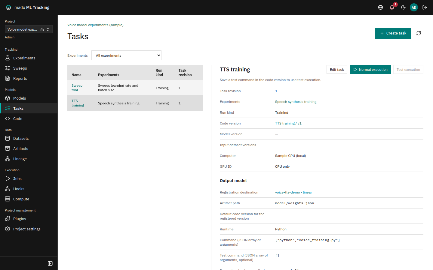 A Task and its output model setting