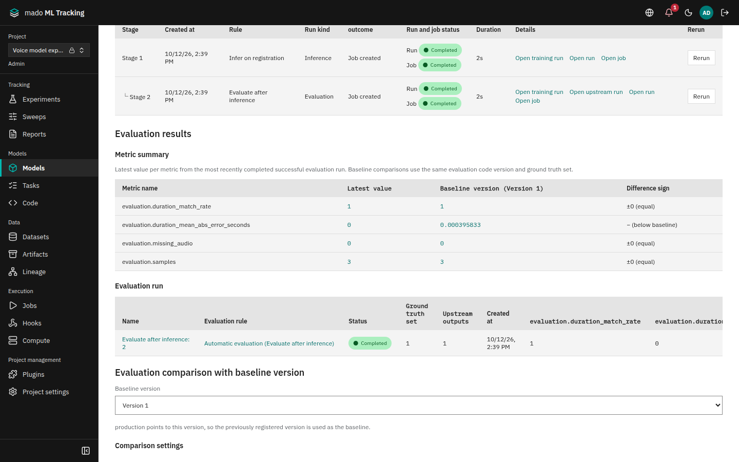 Evaluation results on a version page