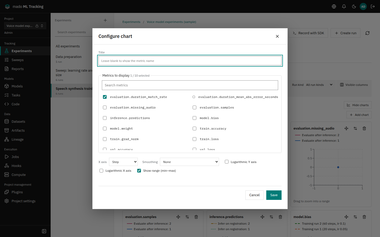 The chart settings dialog