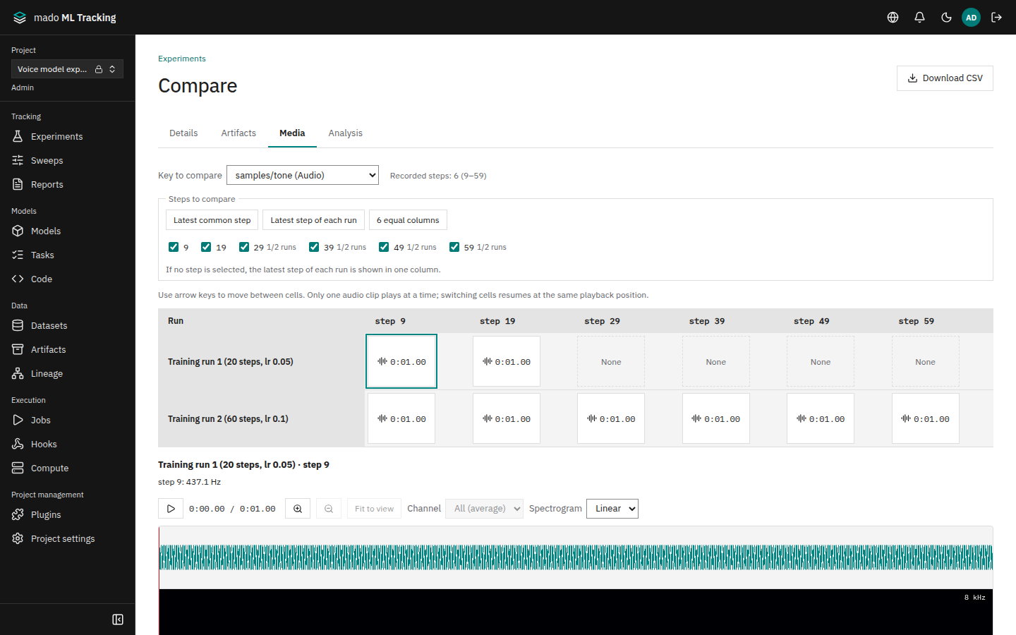 The Media tab of the comparison page with audio in a Run-by-step grid