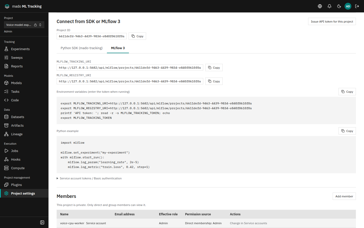 The "Connect from SDK or MLflow 3" section of the Project settings