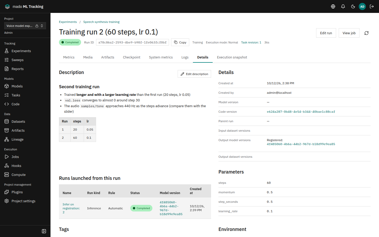 The details tab of a Run, with the description on the left and Run details on the right