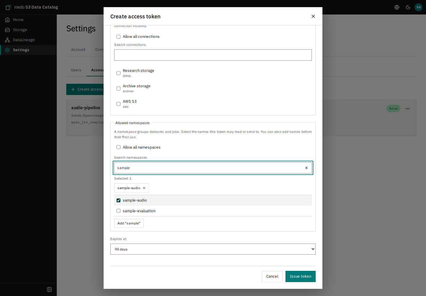 Token creation with a searchable namespace checklist