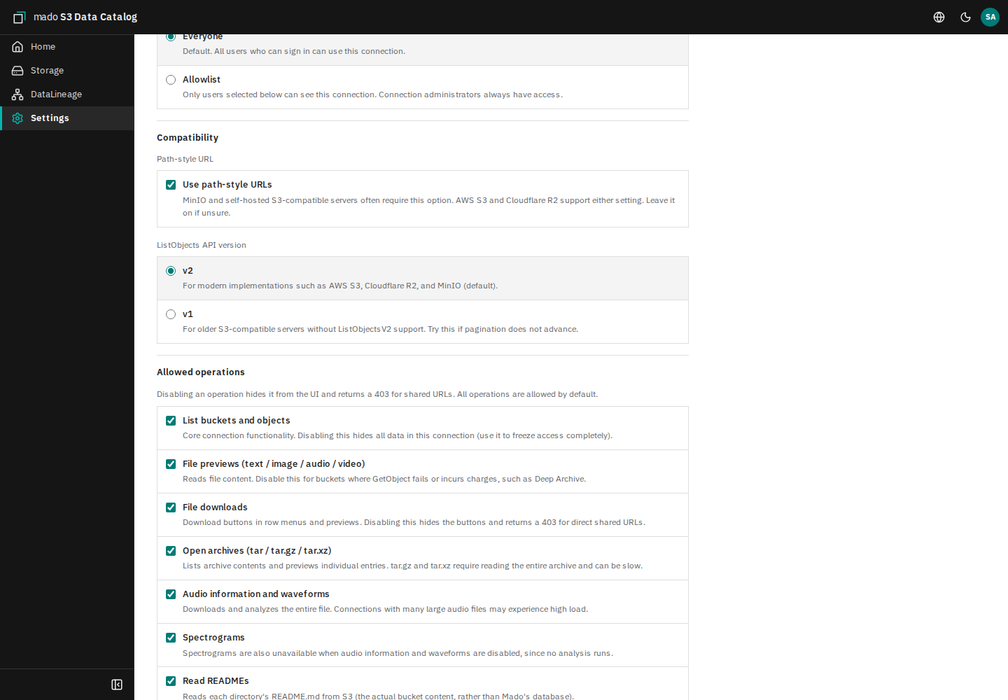 Screen for configuring preview, download, README editing, and other operations per connection
