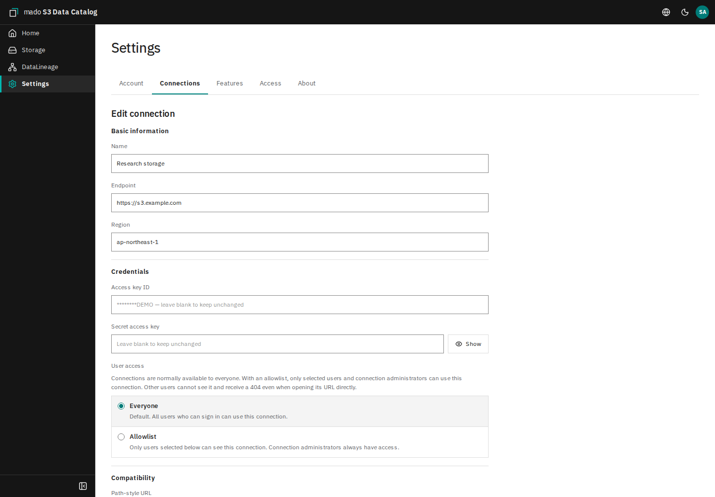 Screen for editing the endpoint, region, and credentials of an S3 connection