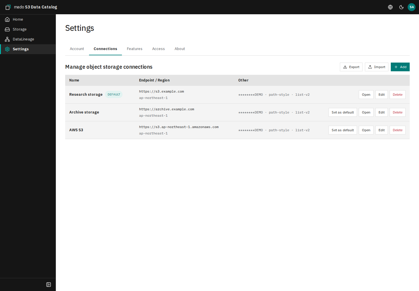 Settings → Connections screen, where you register connections after the initial setup