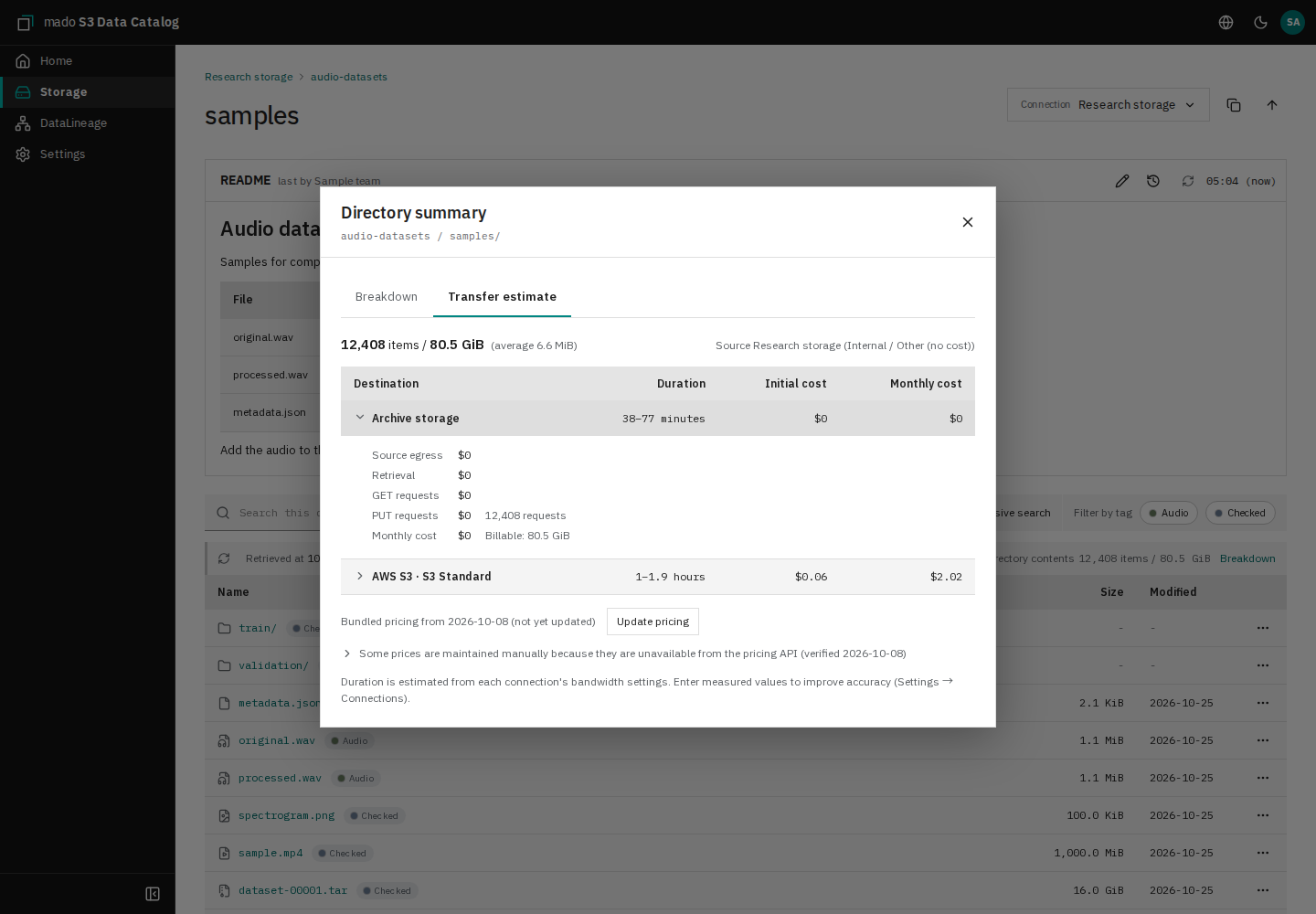Transfer estimates to Archive storage and AWS S3