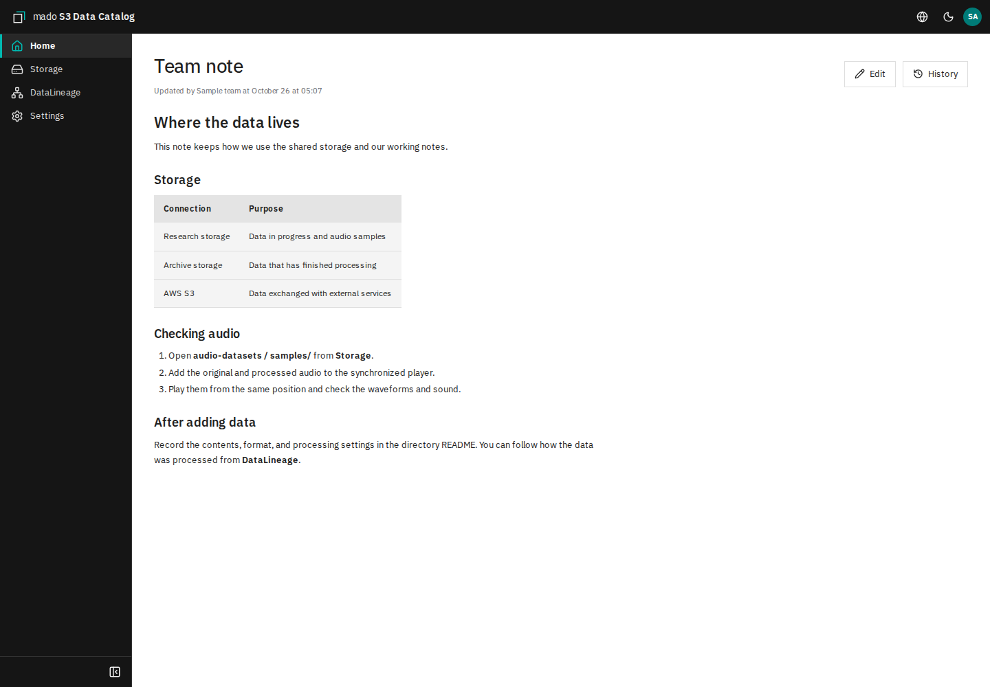 A Team note written in Markdown