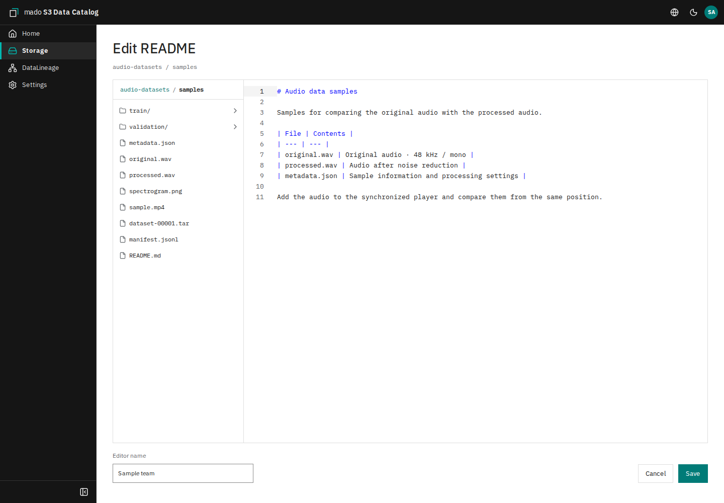 README editing screen with the file list and the Markdown editor side by side