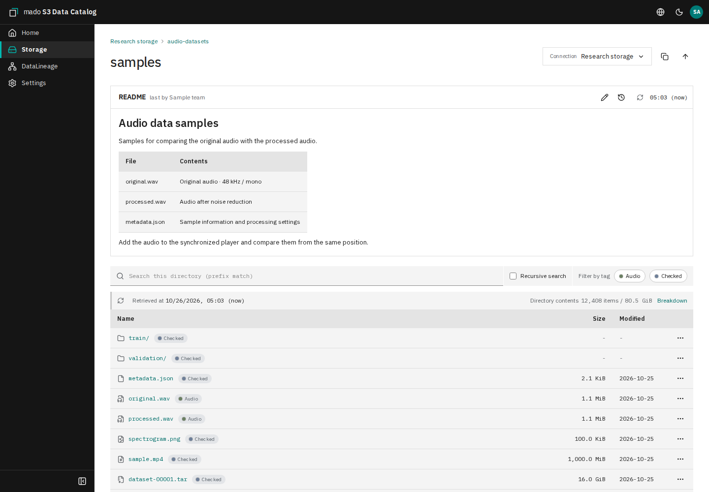 The Storage screen with a directory README and the file list