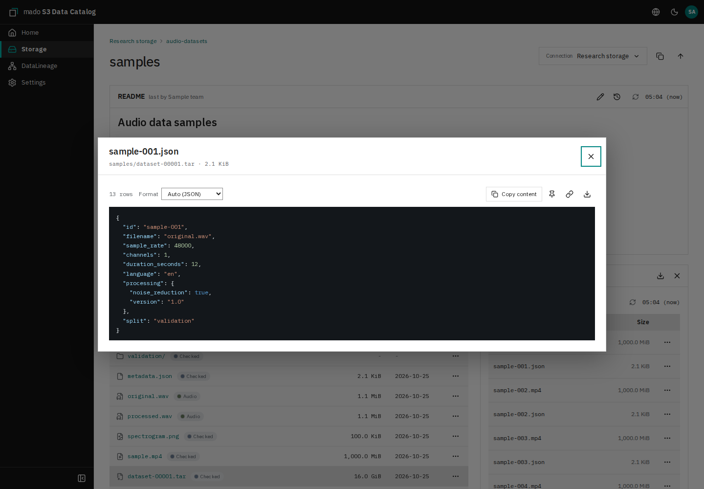 sample-001.json inside a tar file opened in the preview