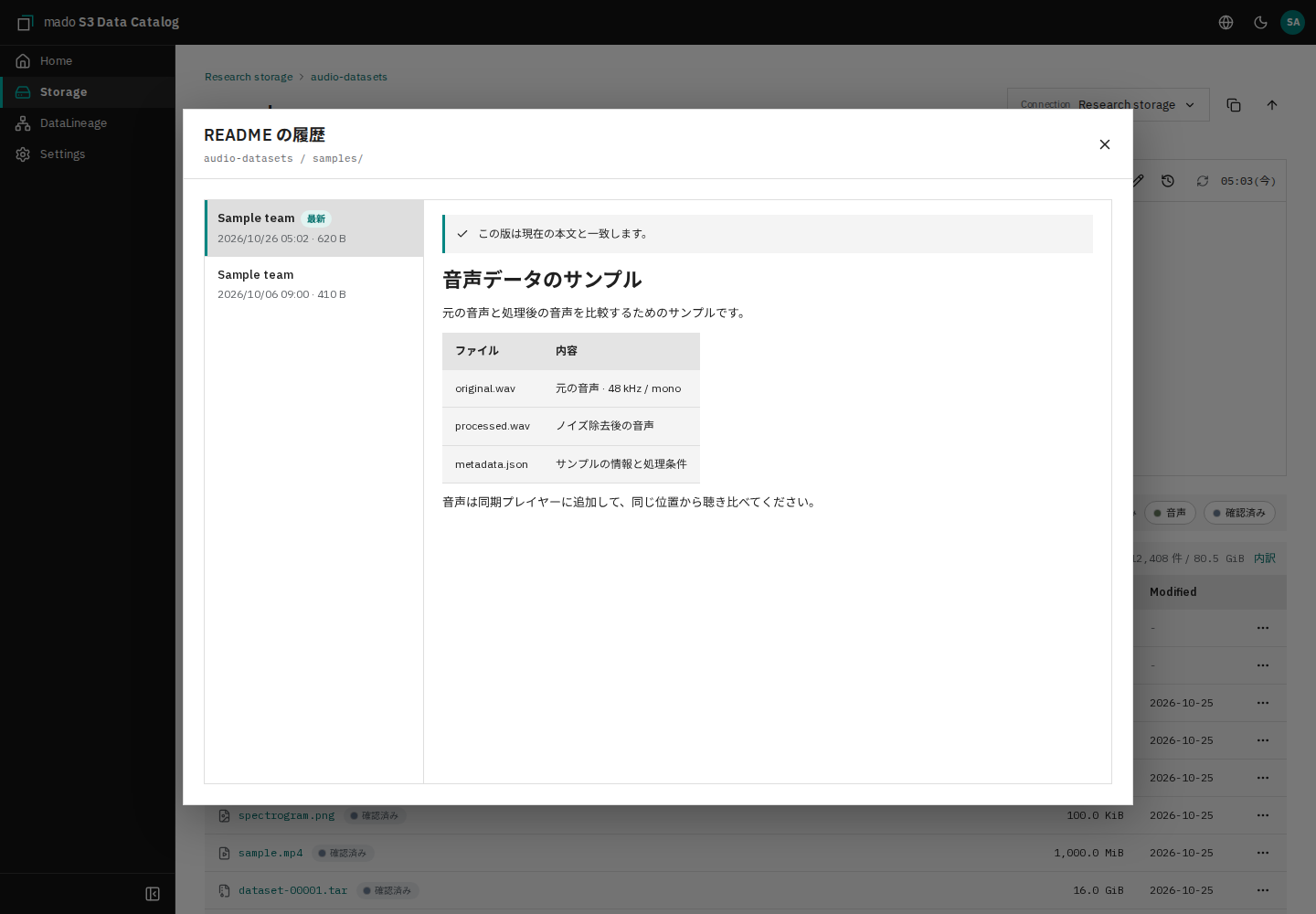 READMEの編集履歴を表示した画面