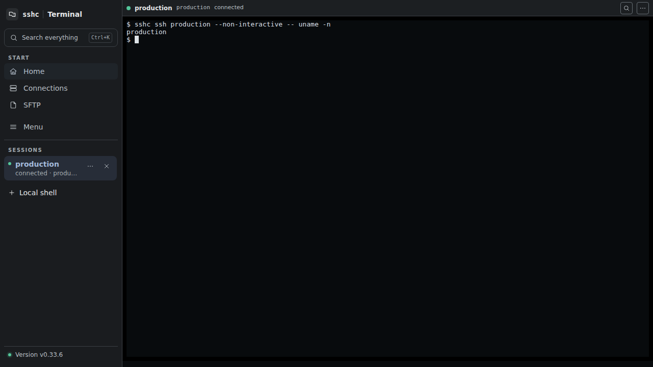Terminal running the sshc non-interactive CLI