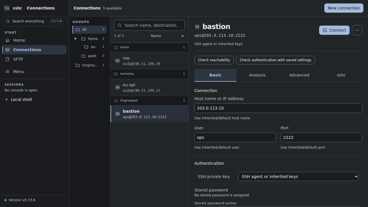Connections screen for organizing OpenSSH hosts