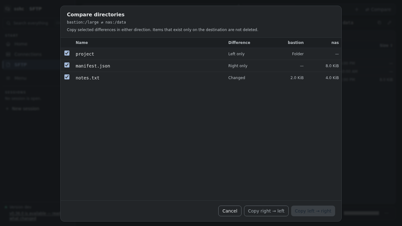 Comparison preview for two remote directories