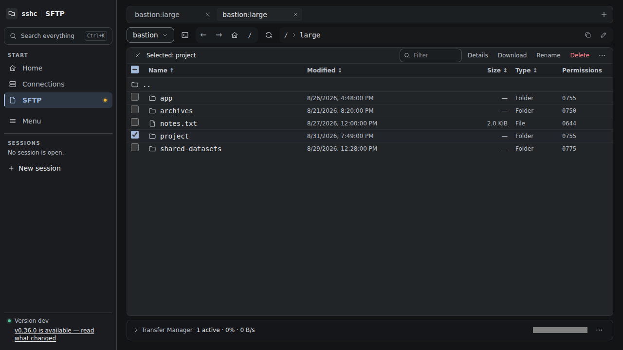 SFTP screen for working with remote files