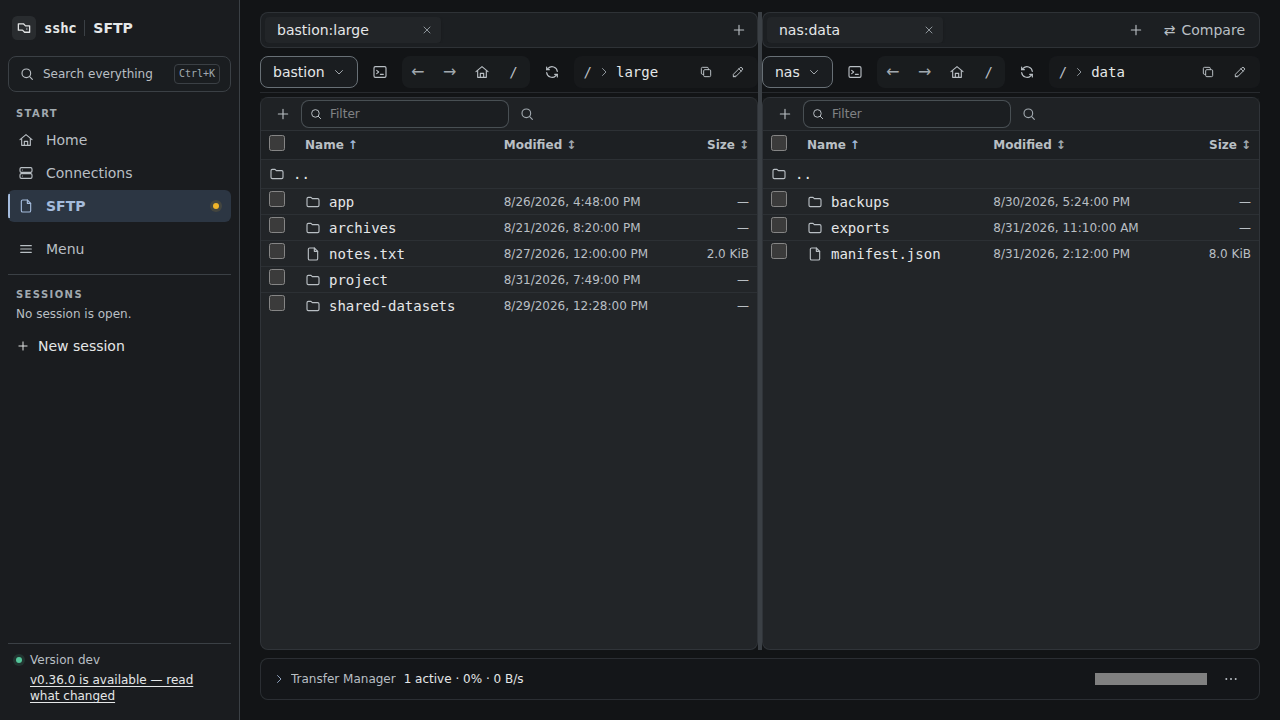 The two-pane SFTP view with independent tabs on each side
