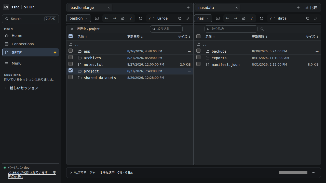 左右に独立したタブを持つSFTPの2ペイン表示
