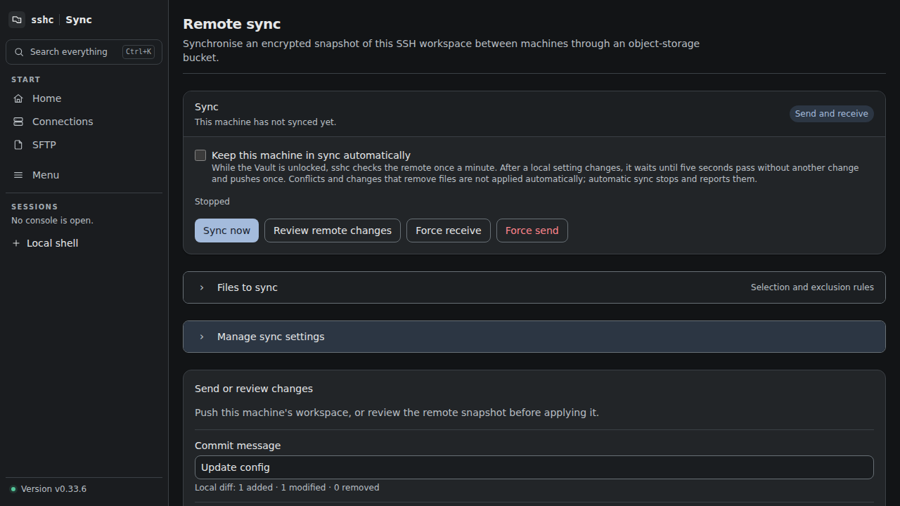 Sync screen for managing encrypted snapshots