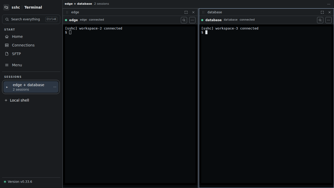 Four SSH connections open in the sshc terminal